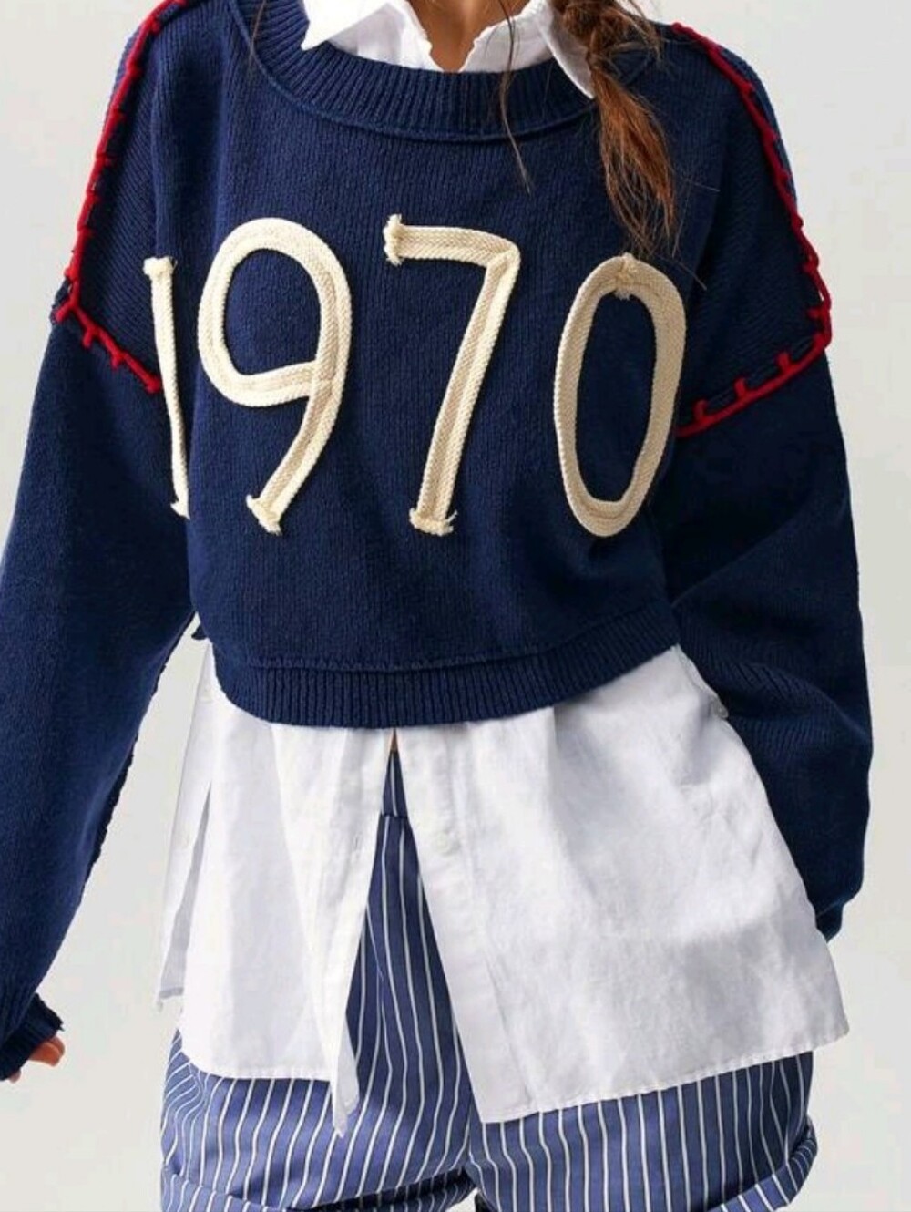 Navy Cropped Sweater with '1970' Appliqué LARGE
